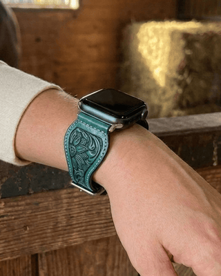 Aqua Sunflower Tooled Leather Smart Watch Band by American Darling – Accessories from Bronco Western Supply Co.