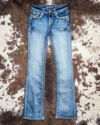 Arielle Aztec Easy Bootcut Jeans in Medium Wash by Grace in LA – Apparel from Bronco Western Supply Co.