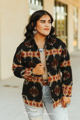Arroyo Aztec Button Down Shacket – Black, Rust & Cream – Apparel from Bronco Western Supply Co.