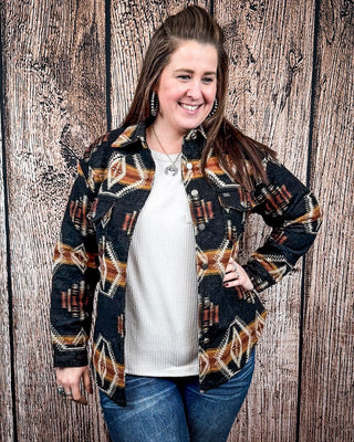 Arroyo Aztec Button Down Shacket – Black, Rust & Cream – Apparel from Bronco Western Supply Co.