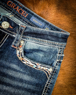 Copper Scroll Embroidered Bootcut Jeans in Dark Wash by Grace in LA