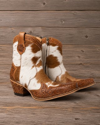 A pair of western ankle boots with a brown and white cowhide pattern, featuring hand-tooled brown leather detailing, a low stacked heel, and a side zipper, displayed on a rustic wooden plank background.
