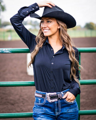 Black Breathe Lightweight Jersey Pullover Button Up by Cowgirl Tuff – Apparel from Bronco Western Supply Co.