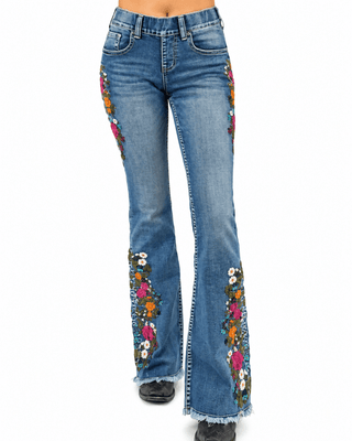 Bloom Floral Embroidered Pull On Trouser Jeans by Cowgirl Tuff – Apparel from Bronco Western Supply Co.