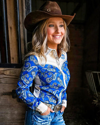 Blue Paisley & Cream Retro Pullover Button Up by Cowgirl Tuff – Apparel from Bronco Western Supply Co.