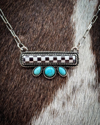 Blue Ribbon Checkered Bar Necklace – Jewelry from Bronco Western Supply Co.