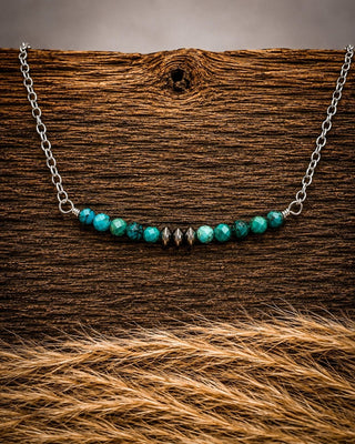 A silver chain necklace with a curved row of round turquoise-blue beads and a small cluster of dark metallic spacer beads, displayed on a rustic wood surface with tan fur in the foreground.