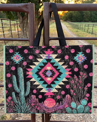 Boho Desert Large Tote in Black & Turquoise by Sterling Kreek – Accessories from Bronco Western Supply Co.