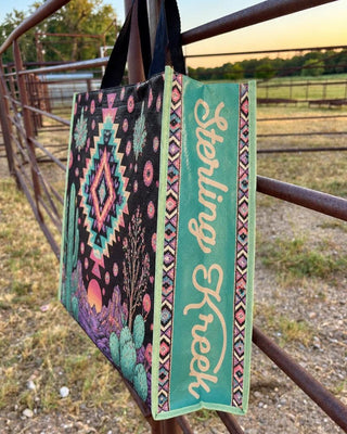 Boho Desert Large Tote in Black & Turquoise by Sterling Kreek – Accessories from Bronco Western Supply Co.