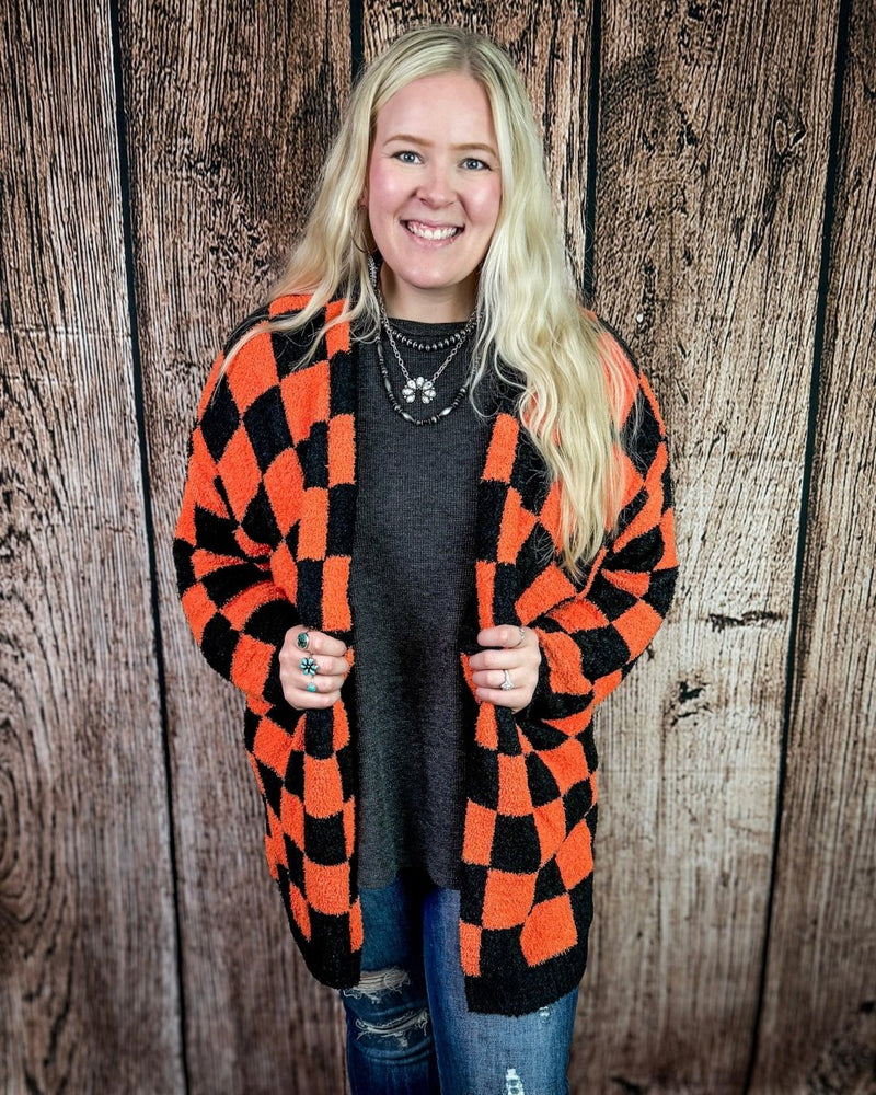 Boo Crew Reversible Cloud Cardigan in Orange and Black Checker by Blakeley – Apparel from Bronco Western Supply Co.