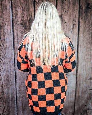 Boo Crew Reversible Cloud Cardigan in Orange and Black Checker by Blakeley – Apparel from Bronco Western Supply Co.