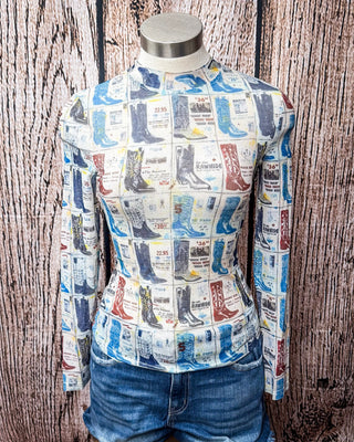 Boot Stamped Collage Mesh Top – Apparel from Bronco Western Supply Co.