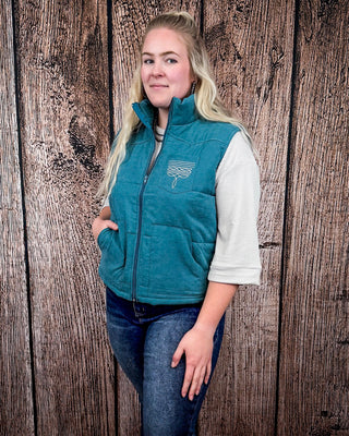 Boot Stitch Puffer Vest in Teal by Lucky & Blessed – Apparel from Bronco Western Supply Co.