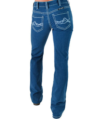 Rustic Blue women's jeans shown from the back, featuring a medium blue denim wash with white contrast stitching and decorative stitching on the back pockets.