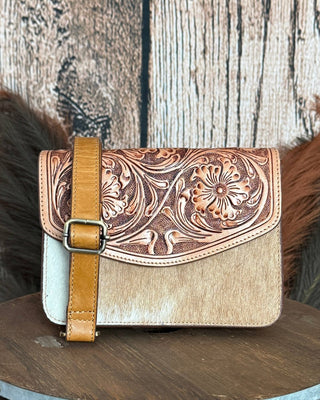 Bridle Blossom Hand Tooled Hairon Leather Bag in Amber Carve By Myra Bag – Purses & Wallets from Bronco Western Supply Co.