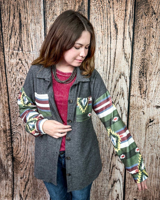 Bristol Aztec Sleeve Button Down Shacket in Charcoal – Apparel from Bronco Western Supply Co.