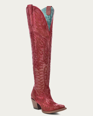 Corral A4212A distressed red tall J toe boot with tonal embroidery, full three-quarter view