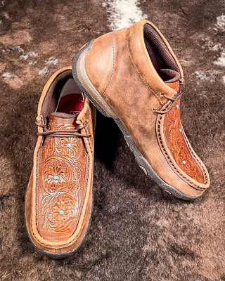Bronya Twisted X Chukka Driving Moc - Brown & Tooled Flower – Women's Shoes from Bronco Western Supply Co.