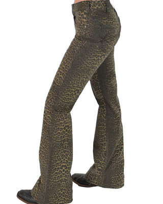 A pair of leopard-print flared pants shown on a model from the waist down, featuring a brown and black animal pattern, set against a plain white background.
