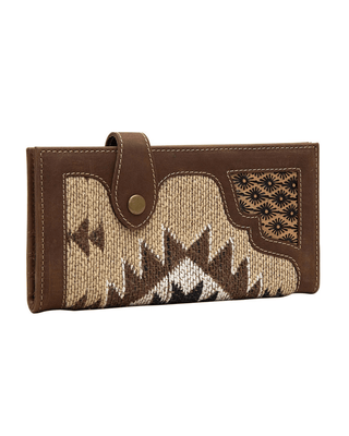 A brown leather wallet with a Southwestern-style woven pattern panel in beige, brown, and black, featuring a snap-button strap closure.
