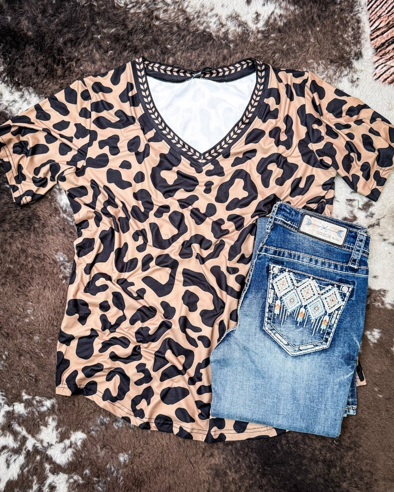 Buckstitch Leopard V Neck Top by Sterling Kreek – Apparel from Bronco Western Supply Co.