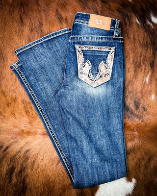 Copper Scroll Embroidered Bootcut Jeans in Dark Wash by Grace in LA