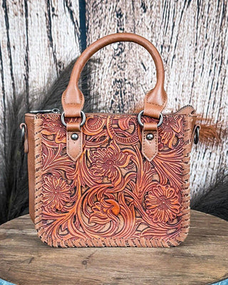 Canyon Blossom Tooled Mini Satchel in Brown by Trinity Ranch – Purses & Wallets from Bronco Western Supply Co.