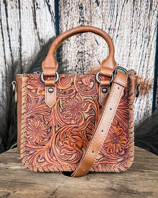 Canyon Blossom Tooled Mini Satchel in Brown by Trinity Ranch – Purses & Wallets from Bronco Western Supply Co.