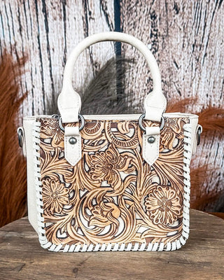 Canyon Blossom Tooled Mini Satchel in Tan by Trinity Ranch – Purses & Wallets from Bronco Western Supply Co.