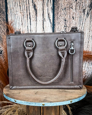 Canyon Nights Tooled Fringe Satchel in Coffee by Montana West – Purses & Wallets from Bronco Western Supply Co.
