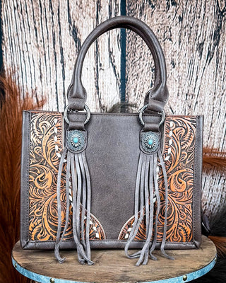 Canyon Nights Tooled Fringe Satchel in Coffee by Montana West – Purses & Wallets from Bronco Western Supply Co.