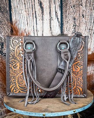 Canyon Nights Tooled Fringe Satchel in Coffee by Montana West – Purses & Wallets from Bronco Western Supply Co.