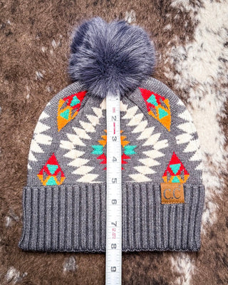 C.C. Aztec Pom Beanie - Dark Grey – Accessories from Bronco Western Supply Co.