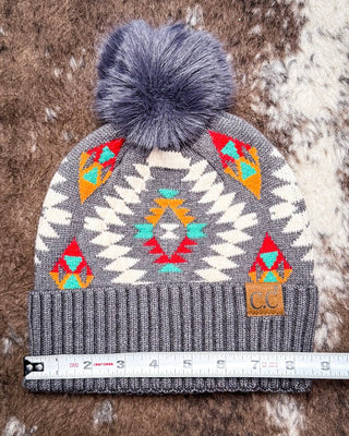 C.C. Aztec Pom Beanie - Dark Grey – Accessories from Bronco Western Supply Co.