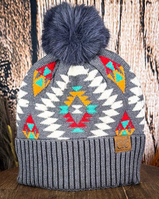 C.C. Aztec Pom Beanie - Dark Grey – Accessories from Bronco Western Supply Co.