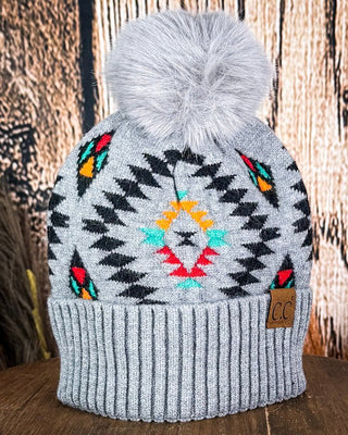 C.C. Aztec Pom Beanie - Light Grey – Accessories from Bronco Western Supply Co.