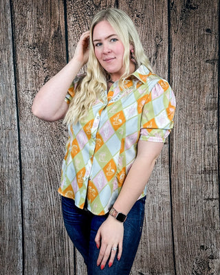 Celeste Puff Sleeve Studded Pearl Snap Shirt in Checkered Print by Lucky and Blessed – Apparel from Bronco Western Supply Co.
