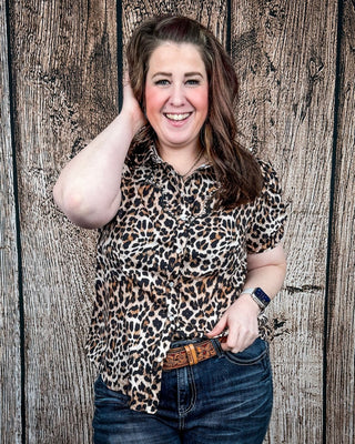 Celeste Puff Sleeve Studded Pearl Snap Shirt in Leopard by Lucky and Blessed – Apparel from Bronco Western Supply Co.