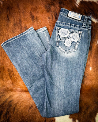 Ivory Patchwork Bootcut Jeans in Medium Dark Wash by Grace in LA