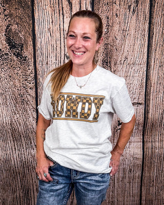 Checkered Howdy Graphic Tee - Oat – Shirts & Tops from Bronco Western Supply Co.