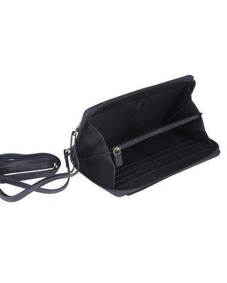 Black handbag with a strap on a white background