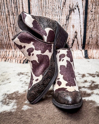 Christina Cow Print Bootie in Chocolate by Very G – Women's Shoes from Bronco Western Supply Co.