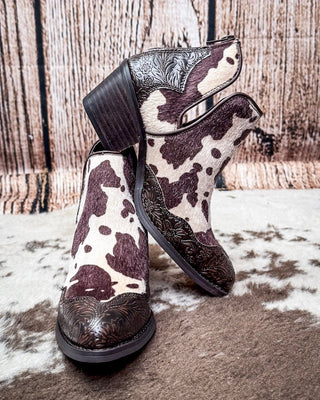 Christina Cow Print Bootie in Chocolate by Very G – Women's Shoes from Bronco Western Supply Co.