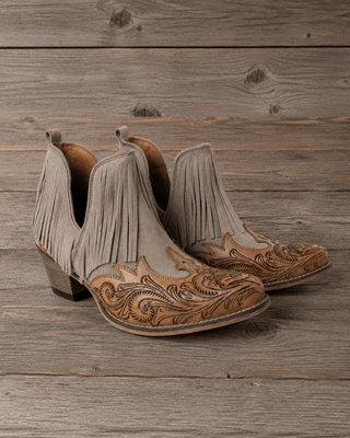 Cimarron Belle Fringe Tooled Leather Booties in Tan by Myra Bag – Women's Shoes from Bronco Western Supply Co.