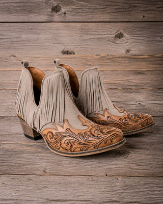 Cimarron Belle Fringe Tooled Leather Booties in Tan by Myra Bag – Women's Shoes from Bronco Western Supply Co.