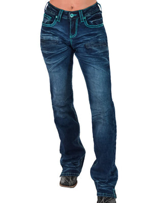 A pair of women's dark blue denim jeans with bright turquoise contrast stitching, shown on a model from the waist down against a white background.
