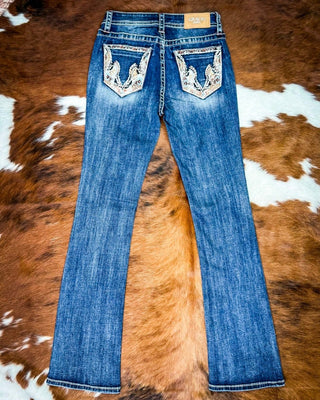 Copper Scroll Embroidered Bootcut Jeans in Dark Wash by Grace in LA – Apparel from Bronco Western Supply Co.