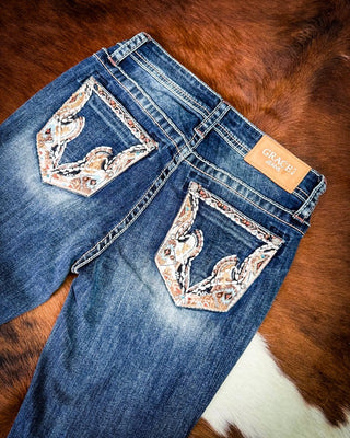 Copper Scroll Embroidered Bootcut Jeans in Dark Wash by Grace in LA – Apparel from Bronco Western Supply Co.
