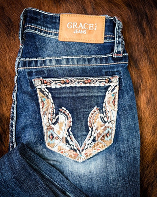 Copper Scroll Embroidered Bootcut Jeans in Dark Wash by Grace in LA – Apparel from Bronco Western Supply Co.