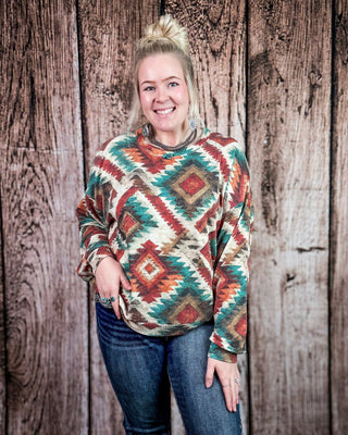 Country Rust Aztec Pullover in Rust & Turquoise by Sterling Kreek – Shirts & Tops from Bronco Western Supply Co.